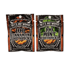2 Pack BiteMyWood Cinnamon and Mint Flavor Wooden Toothpicks in 100 Qty Plastic Reusable Bags