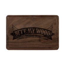 Load image into Gallery viewer, Engraved 'Bite My Wood' Wooden Cutting Board — Funny BBQ &amp; Kitchen Gift
