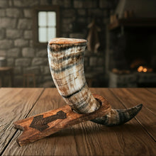 Load image into Gallery viewer, Curved Drinking Horn with Wooden Stand
