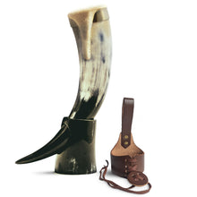 Load image into Gallery viewer, Curved Drinking Horn Bundle with Stand &amp; Holster
