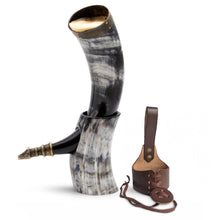Load image into Gallery viewer, Curved Drinking Horn Bundle with Stand &amp; Holster

