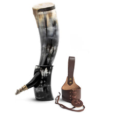 Load image into Gallery viewer, Curved Drinking Horn Bundle with Stand &amp; Holster
