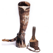 Load image into Gallery viewer, Curved Drinking Horn Bundle with Stand &amp; Holster
