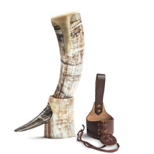 Load image into Gallery viewer, Curved Drinking Horn Bundle with Stand &amp; Holster
