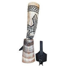 Load image into Gallery viewer, Curved Drinking Horn Bundle with Stand &amp; Holster
