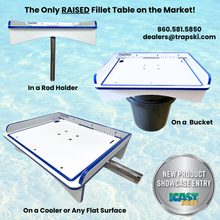 Load image into Gallery viewer, Premium Rod Mount 18" or 33" Raised Fillet Table – 3-in-1 Bait &amp; Fish Station | Fits Rod Holders, Buckets &amp; Flat Surfaces | Marine-Grade HDPE | Ruler, Juice Groove, Knife &amp; Tool Slots
