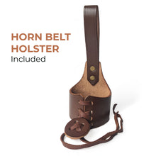 Load image into Gallery viewer, Curved Drinking Horn Bundle with Stand &amp; Holster
