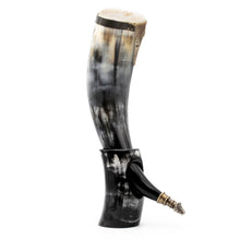 Load image into Gallery viewer, Curved Drinking Horn Bundle with Stand &amp; Holster
