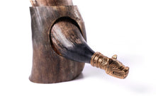 Load image into Gallery viewer, Curved Drinking Horn Bundle with Stand &amp; Holster
