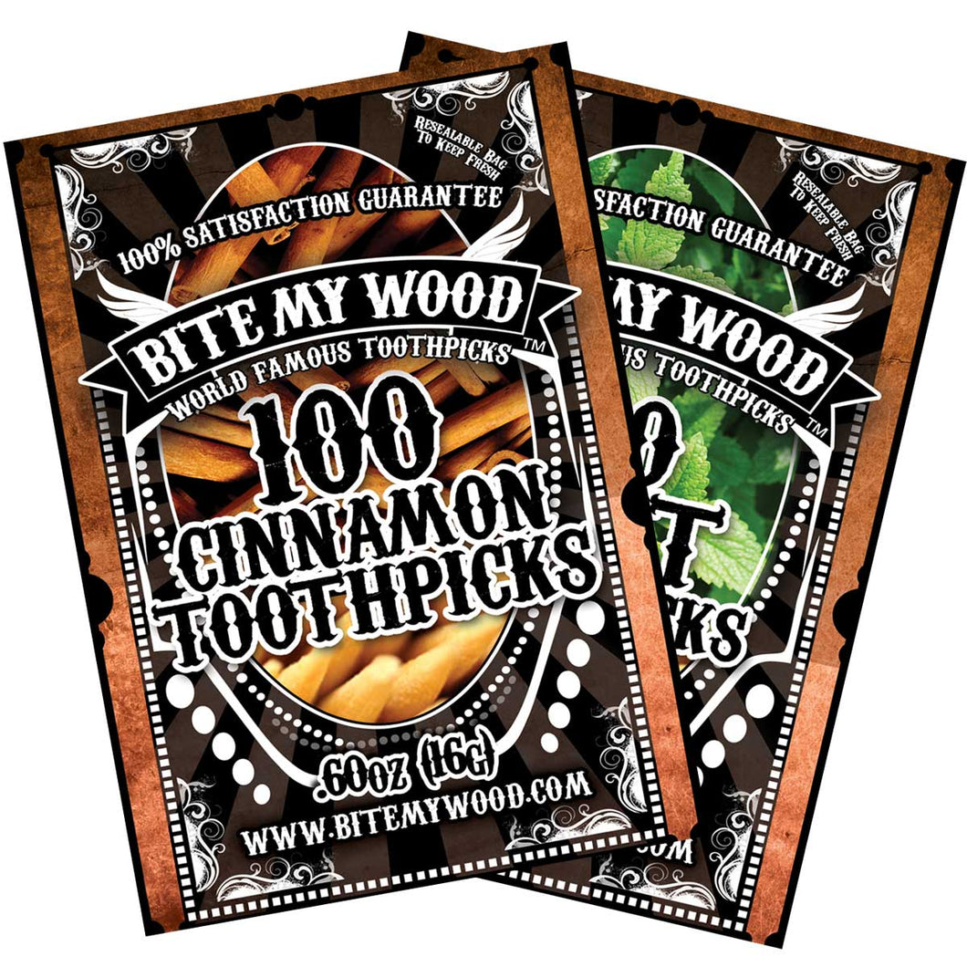 2 Pack BiteMyWood Cinnamon and Mint Flavor Wooden Toothpicks in 100 Qty Plastic Reusable Bags