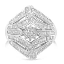 Load image into Gallery viewer, .925 Sterling Silver 1-1/8 Cttw Round &amp; Baguette Diamond 'Flower &amp; Fern' Cluster Cocktail Fashion Ring (I-J Color, I2-I3 Clarity) - Size 6
