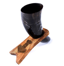 Load image into Gallery viewer, Curved Drinking Horn with Wooden Stand

