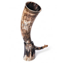 Load image into Gallery viewer, Curved Drinking Horn Bundle with Stand &amp; Holster
