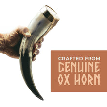 Load image into Gallery viewer, Curved Drinking Horn Bundle with Stand &amp; Holster
