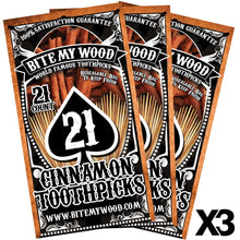 Load image into Gallery viewer, BiteMyWood 3 Pack Cinnamon Flavor Wooden Toothpicks in Plastic Reusable Bag 21qty

