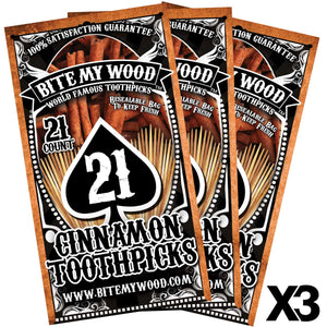 BiteMyWood 3 Pack Cinnamon Flavor Wooden Toothpicks in Plastic Reusable Bag 21qty