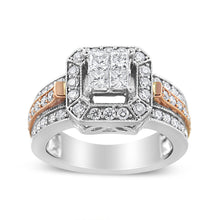 Load image into Gallery viewer, 14K White and Rose Gold 1 1/8 Cttw Princess and Round-Cut Diamond Art Deco Style Triple Shank Halo Cocktail Ring (I-J Color, SI2-I1 Clarity) - Size 7
