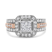 Load image into Gallery viewer, 14K White and Rose Gold 1 1/8 Cttw Princess and Round-Cut Diamond Art Deco Style Triple Shank Halo Cocktail Ring (I-J Color, SI2-I1 Clarity) - Size 7
