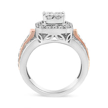 Load image into Gallery viewer, 14K White and Rose Gold 1 1/8 Cttw Princess and Round-Cut Diamond Art Deco Style Triple Shank Halo Cocktail Ring (I-J Color, SI2-I1 Clarity) - Size 7
