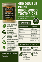 Load image into Gallery viewer, 450 BiteMyWood Double Point Birchwood Toothpicks in Reusable Plastic Jar - USA Made
