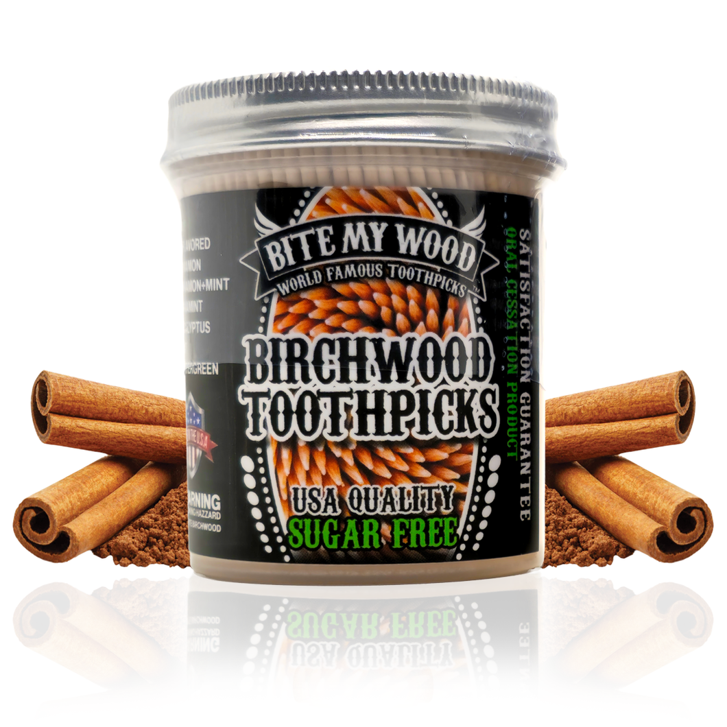 450 Qty BiteMyWood Flavored Toothpicks in Plastic Jar - official product photo