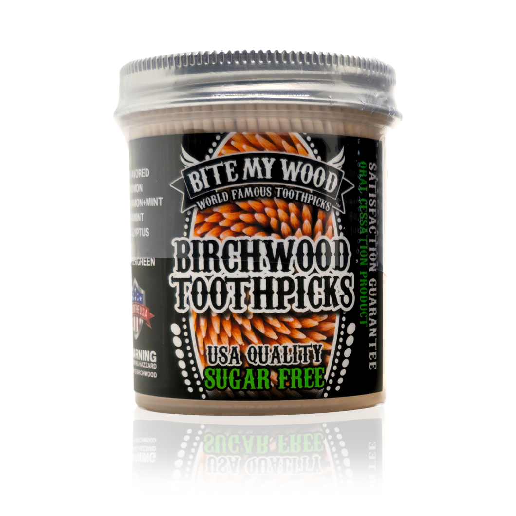 450 BiteMyWood Double Point Birchwood Toothpicks in Reusable Plastic Jar - USA Made