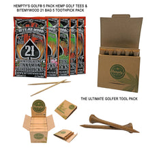Load image into Gallery viewer, Hempty&#39;s Golf® 5 Pack Hemp Golf Tees &amp; BiteMyWood 21 Bag 5 Toothpick Pack The Ultimate Golfer Tool Pack
