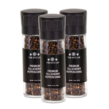 Load image into Gallery viewer, Premium Tellicherry Peppercorns with Grinder 3 Pack
