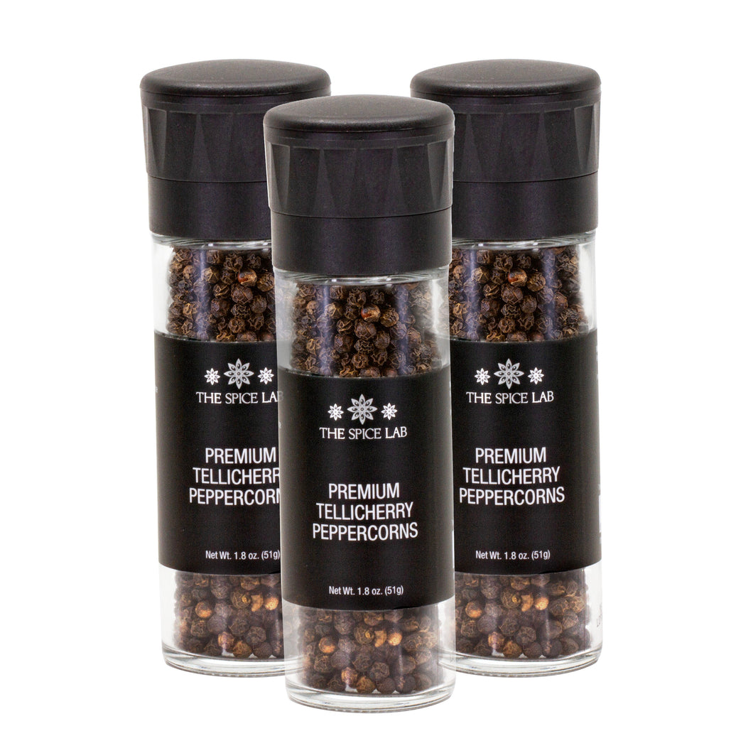 Premium Tellicherry Peppercorns with Grinder 3 Pack