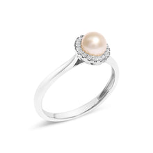 Load image into Gallery viewer, 10K White Gold 5MM Cultured Freshwater Pearl  and Diamond Halo Ring (I-J Color, I1-I2 Clarity) - Ring Size 6.5
