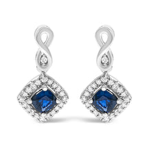Load image into Gallery viewer, 10K White Gold Blue  Sapphire and Diamond Halo Cushion Shaped Drop Earrings (I-J Color, I1-I2 Clarity)
