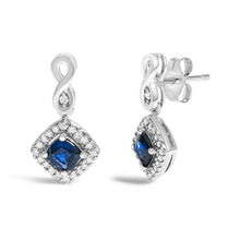 Load image into Gallery viewer, 10K White Gold Blue  Sapphire and Diamond Halo Cushion Shaped Drop Earrings (I-J Color, I1-I2 Clarity)
