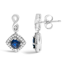 Load image into Gallery viewer, 10K White Gold Blue  Sapphire and Diamond Halo Cushion Shaped Drop Earrings (I-J Color, I1-I2 Clarity)
