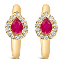 Load image into Gallery viewer, 10K Yellow Gold Pear Cut Red Ruby 4x3 mm and 1/10 Cttw Round Diamond Huggy Earrings (I-J Color, I1-I2 Clarity)
