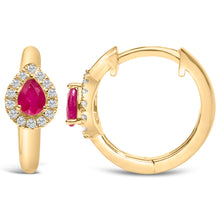 Load image into Gallery viewer, 10K Yellow Gold Pear Cut Red Ruby 4x3 mm and 1/10 Cttw Round Diamond Huggy Earrings (I-J Color, I1-I2 Clarity)
