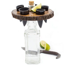 Load image into Gallery viewer, Tequila set with wooden coaster, shot glasses, and lime wedges on a white background
