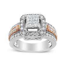 Load image into Gallery viewer, 14K White and Rose Gold 1 1/8 Cttw Princess and Round-Cut Diamond Art Deco Style Triple Shank Halo Cocktail Ring (I-J Color, SI2-I1 Clarity) - Size 7
