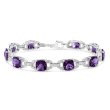 Load image into Gallery viewer, .925 Sterling Silver 7mm Cushion Cut Amethyst Gemstone and Diamond Tennis Link Bracelet (I-J Color, I1-I2 Clarity) - Size 7"
