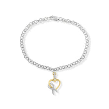 Load image into Gallery viewer, 10K Yellow Gold 1/10 Cttw Diamond Awareness Ribbon &amp; Heart Charm on 7" .925 Sterling Silver Rolo Bracelet (H-I Color, I1-I2 Clarity)
