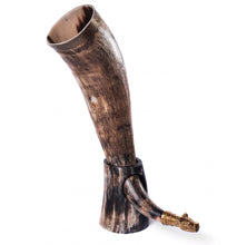 Load image into Gallery viewer, Curved Drinking Horn Bundle with Stand &amp; Holster
