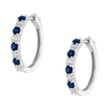 Load image into Gallery viewer, 10K White Gold, Â½ Cttw Diamond, &amp; Â½ Cttw Lab-Grown Blue Sapphire Leverback Hoop Earrings (H-I Color, I1-I2 Clarity)
