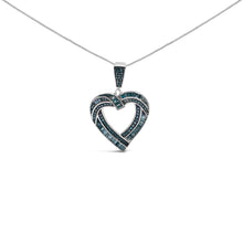 Load image into Gallery viewer, .925 Sterling Silver 1.00 Cttw Baguette and Round Blue Diamond Open Heart Pendant Necklace
