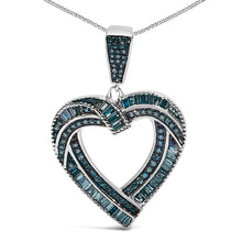 Load image into Gallery viewer, .925 Sterling Silver 1.00 Cttw Baguette and Round Blue Diamond Open Heart Pendant Necklace
