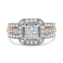 Load image into Gallery viewer, 14K White and Rose Gold 1 1/8 Cttw Princess and Round-Cut Diamond Art Deco Style Triple Shank Halo Cocktail Ring (I-J Color, SI2-I1 Clarity) - Size 7
