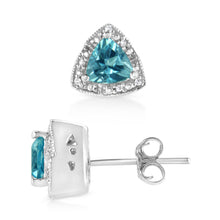 Load image into Gallery viewer, .925 Sterling Silver 6x6 mm Trillion Cut Blue Topaz Gemstone and Diamond Accent Stud Earring (I-J Color, I1-I2 Clarity)
