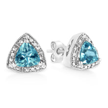 Load image into Gallery viewer, .925 Sterling Silver 6x6 mm Trillion Cut Blue Topaz Gemstone and Diamond Accent Stud Earring (I-J Color, I1-I2 Clarity)
