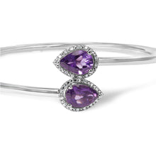 Load image into Gallery viewer, .925 Sterling Silver 8 x 5.5mm Pear Shape Amethyst  and Diamond Accent Halo Bypass Bangle Bracelet (H-I Color, SI1-SI2 Clarity)  - Fits up to 7" Inches

