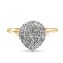 Load image into Gallery viewer, 10K Yellow Gold 1/2 Cttw Round &amp; Baguette Cut Diamond Pear Shaped Domed PavÃ© Cluster with Halo Cocktail Ring (J-K Color, I1-I2 Clarity) - Size 4-1/4
