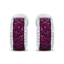 Load image into Gallery viewer, 18K White Gold and Black Rhodium Plated 3/4 Cttw Round Diamonds and 1mm Round Red Ruby Huggie Hoop Earrings (F-G Color, VS1-VS2 Clarity)
