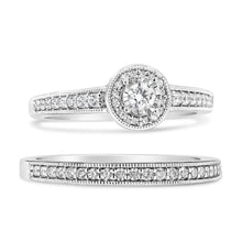 Load image into Gallery viewer, .925 Sterling Silver 1/2 Ctw Diamond Halo and Milgrain Engagement Ring Bridal Set (I-J Color, I3 Clarity) - Ring Size 7
